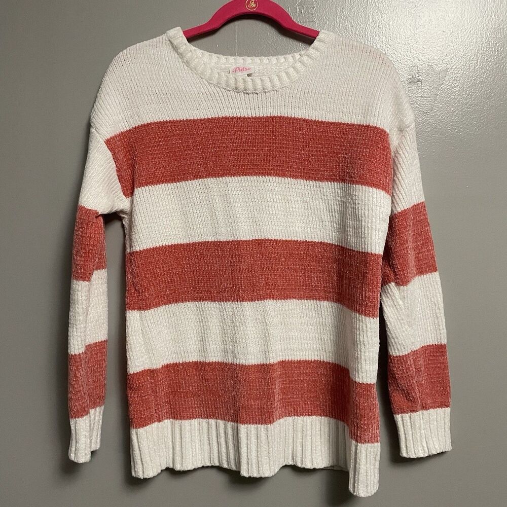 Pulse Boutique White Coral Striped Knit Pullover Sweater Women's S